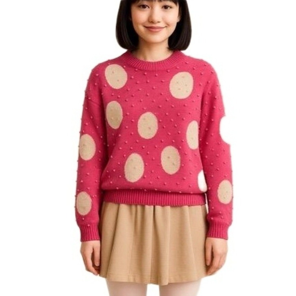 Joyce Pink Vintage Y2K Polka Dot Beaded Texture Kawaii Crew Neck Sweater L